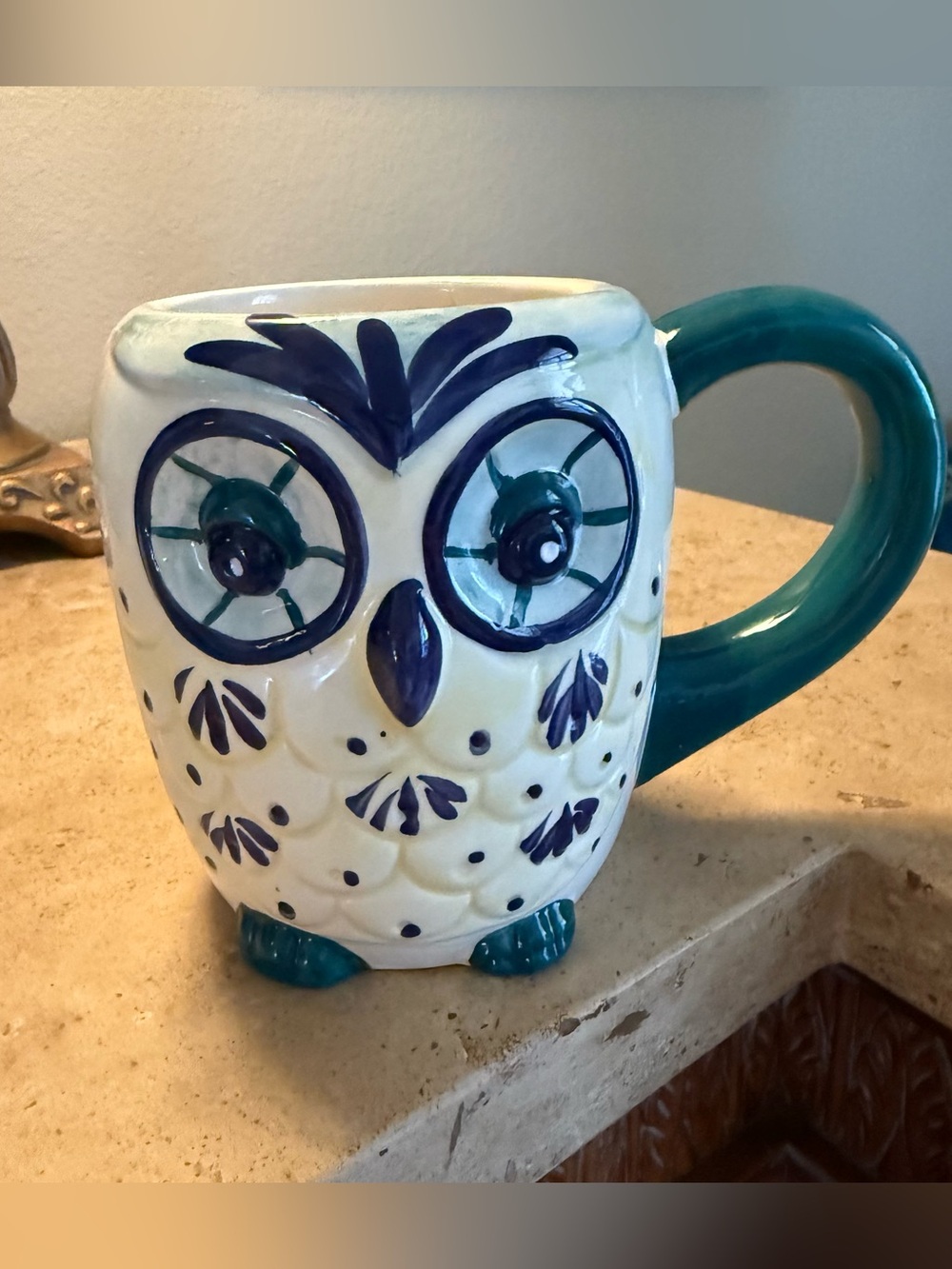 American Atelier At Home 3D Owl Coffee Mug White & Teal Blue